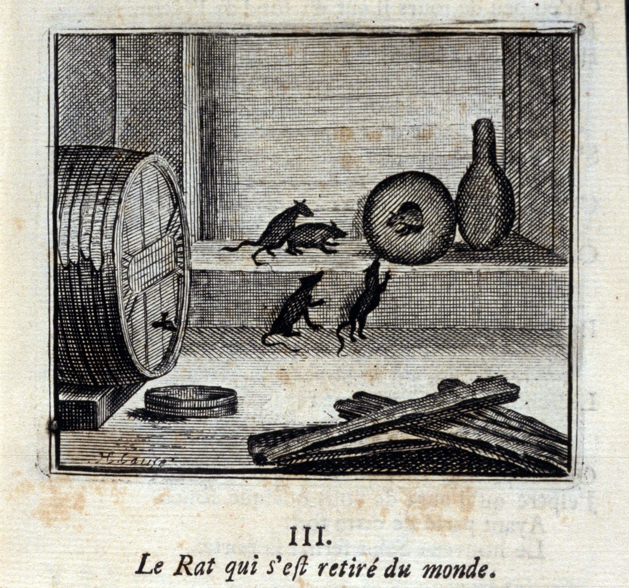 退出世界的老鼠。Jean de La Fontaine (1621-95)的寓言。插图：François Chauveau（1613-1676）。1728年的版本。 作者 弗朗索瓦·夏维