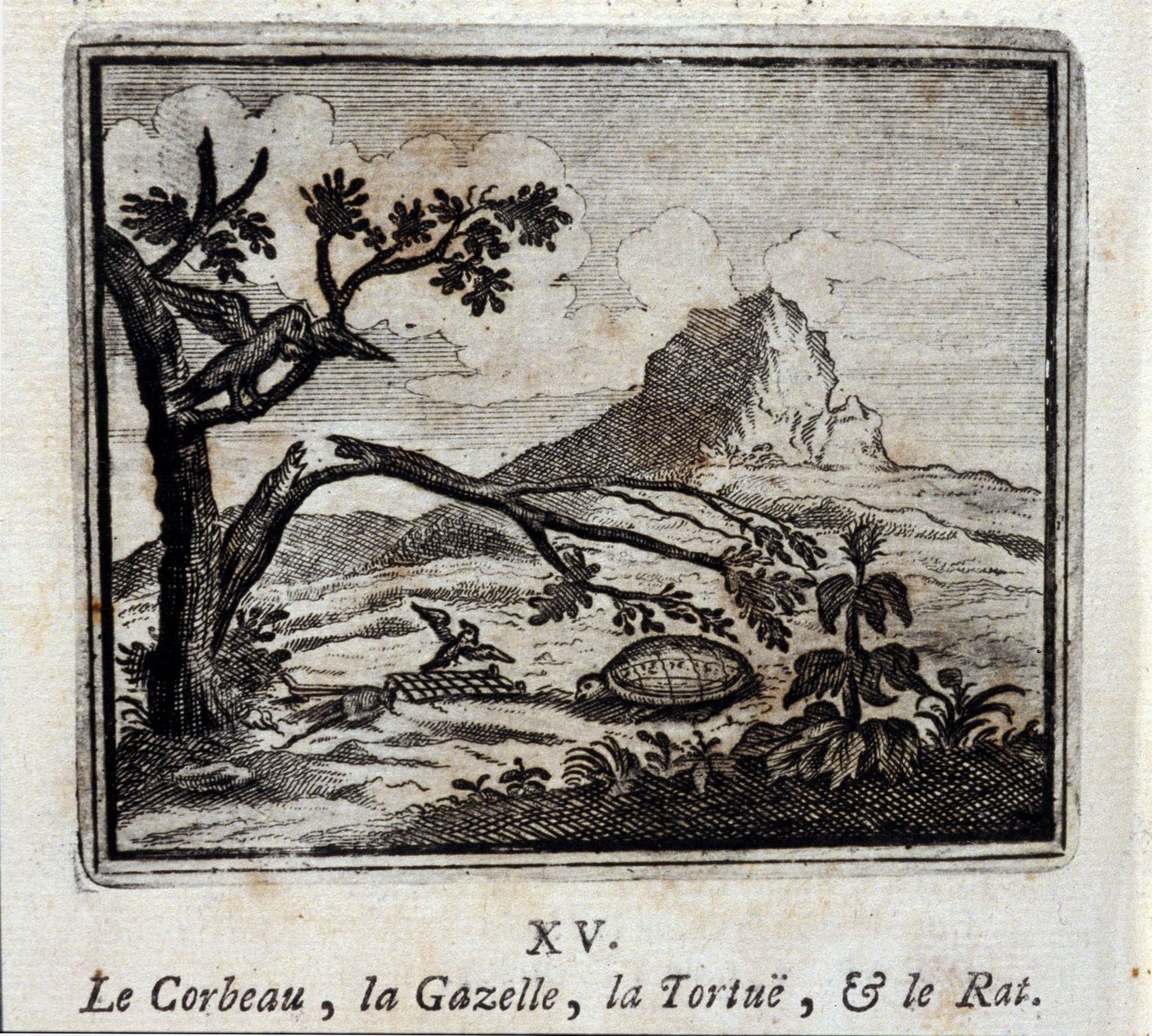 乌鸦、羚羊、乌龟和老鼠。Jean de La Fontaine (1621-95)的寓言。插图由François Chauveau（1613-1676）绘制。1728年的版本。 作者 弗朗索瓦·夏维