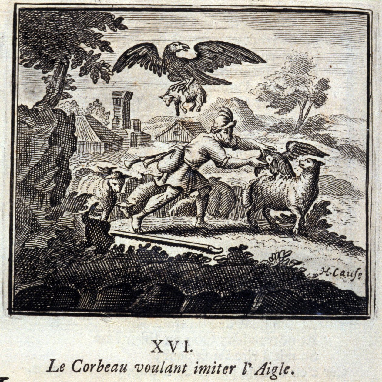 想模仿老鹰的乌鸦。Jean de La Fontaine (1621-95)的寓言。插图：弗朗索瓦-肖沃（1613-1676）。1728年的版本。 作者 弗朗索瓦·夏维