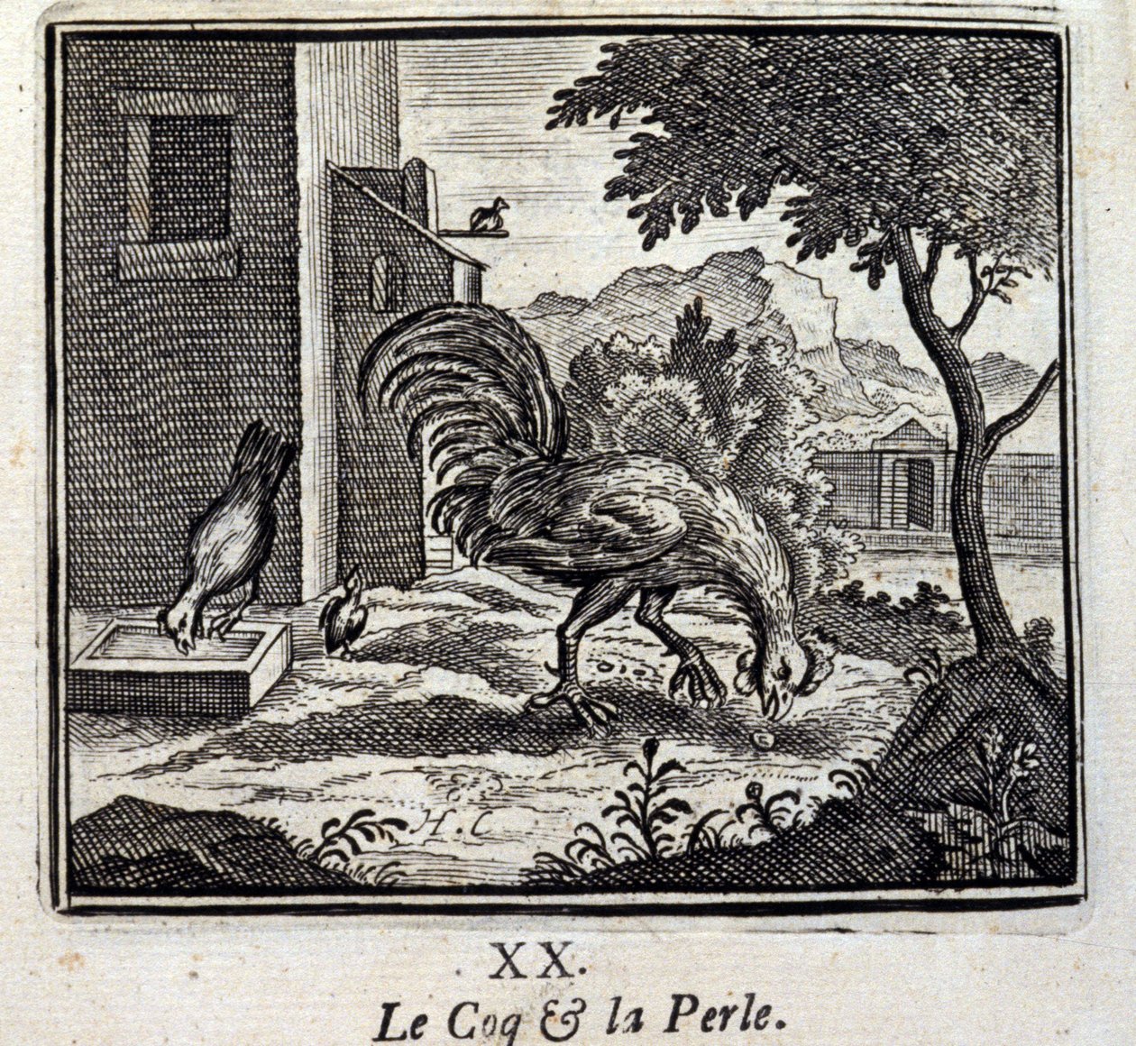 公鸡与珍珠》。Jean de La Fontaine (1621-95)的寓言。插图：François Chauveau（1613-1676）。1728年的版本。 作者 弗朗索瓦·夏维