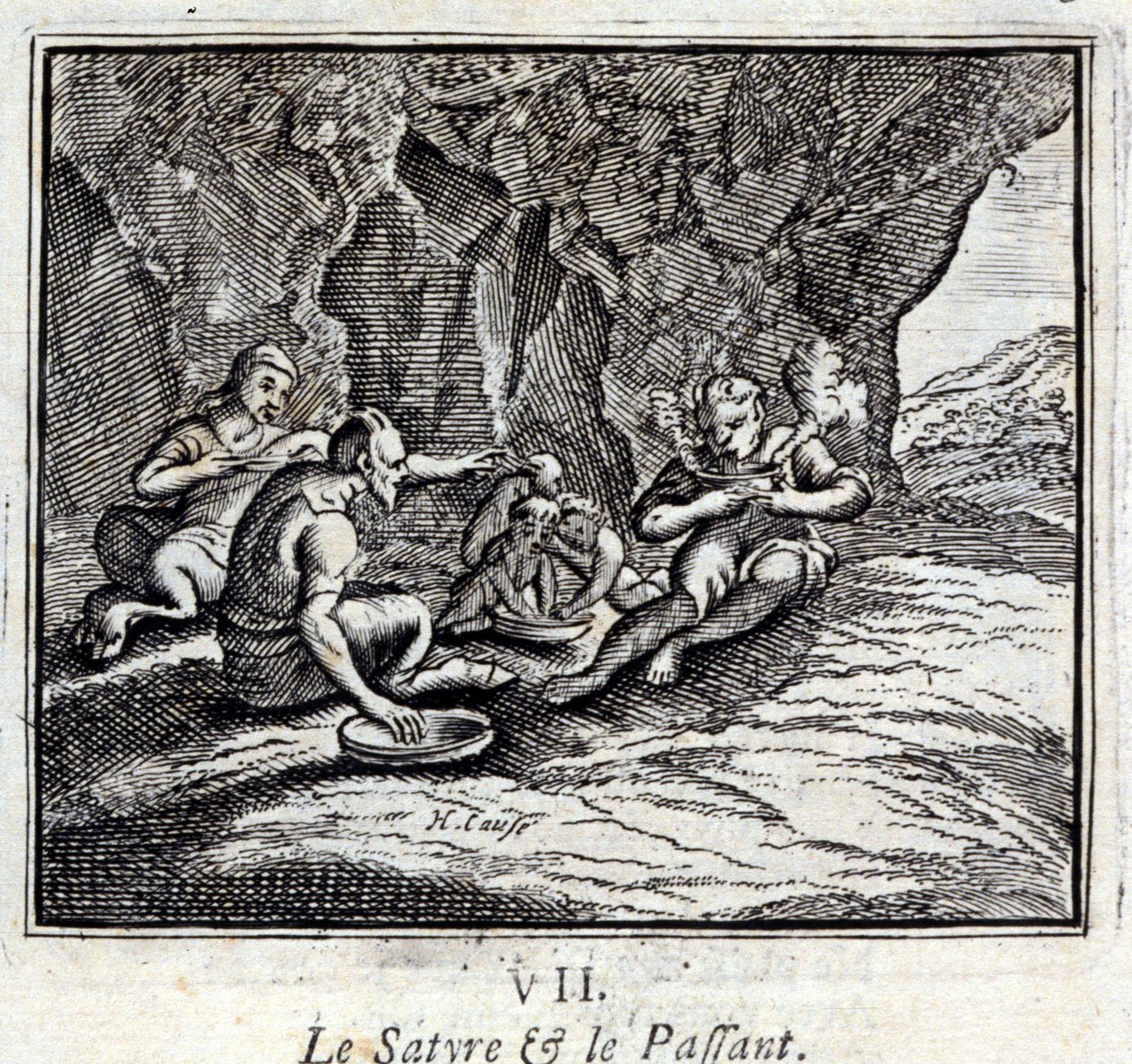 萨蒂尔与乘客》。Jean de La Fontaine (1621-95)的寓言。插图：François Chauveau（1613-1676）。1728年的版本。 作者 弗朗索瓦·夏维