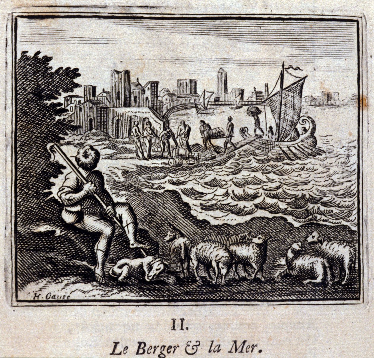 牧羊人与海。Jean de La Fontaine (1621-95)的寓言。插图：François Chauveau（1613-1676）。1728年的版本。 作者 弗朗索瓦·夏维