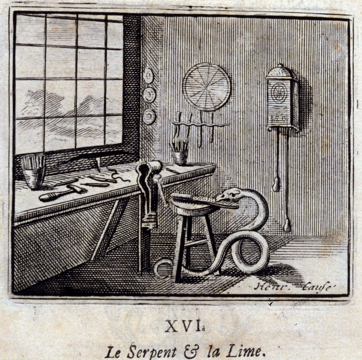 蛇和石灰。让-德-拉封丹（1621-95）的寓言。插图：François Chauveau（1613-1676）。1728年的版本。 作者 弗朗索瓦·夏维