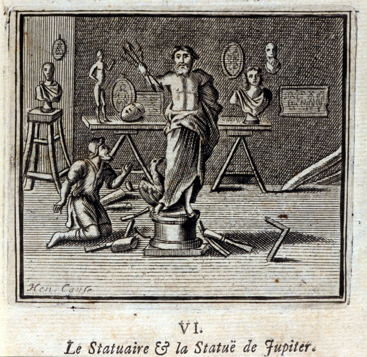 雕像和朱庇特的雕像。Jean de La Fontaine (1621-95)的寓言。插图：François Chauveau（1613-1676）。1728年的版本。 作者 弗朗索瓦·夏维