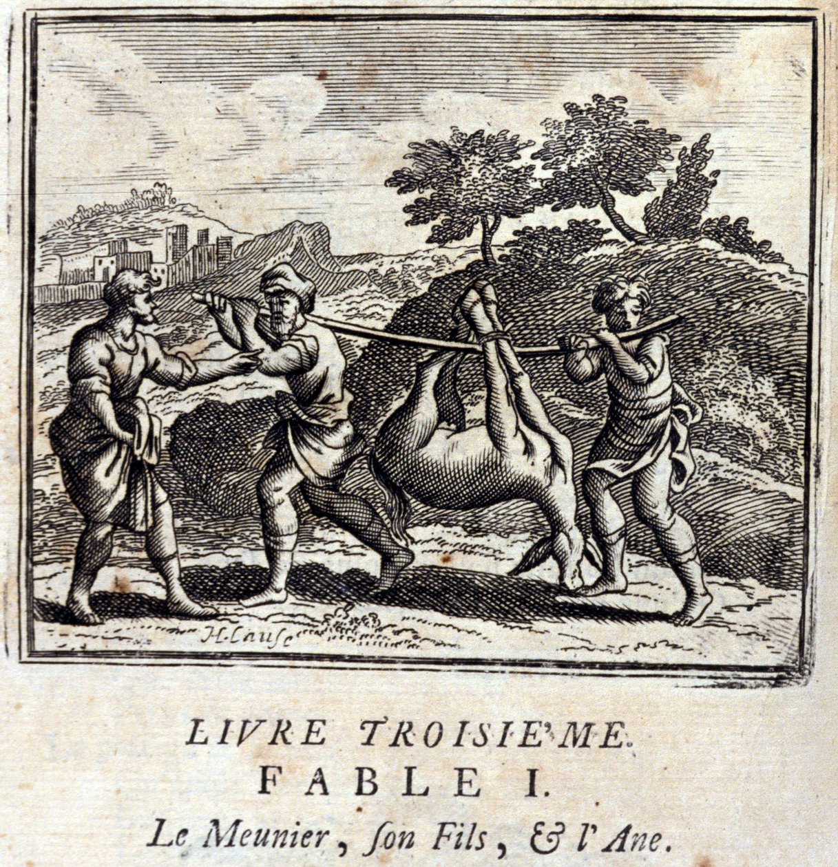 吸血鬼他儿子和驴子。Jean de La Fontaine (1621-95)的寓言。插图由François Chauveau（1613-1676）绘制。1728年的版本。 作者 弗朗索瓦·夏维
