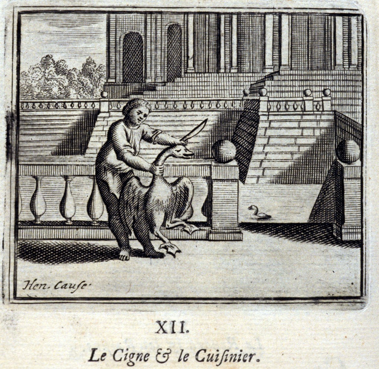 天鹅和厨师》。Jean de La Fontaine (1621-95)的寓言。插图由François Chauveau（1613-1676）绘制。1728年的版本。 作者 弗朗索瓦·夏维
