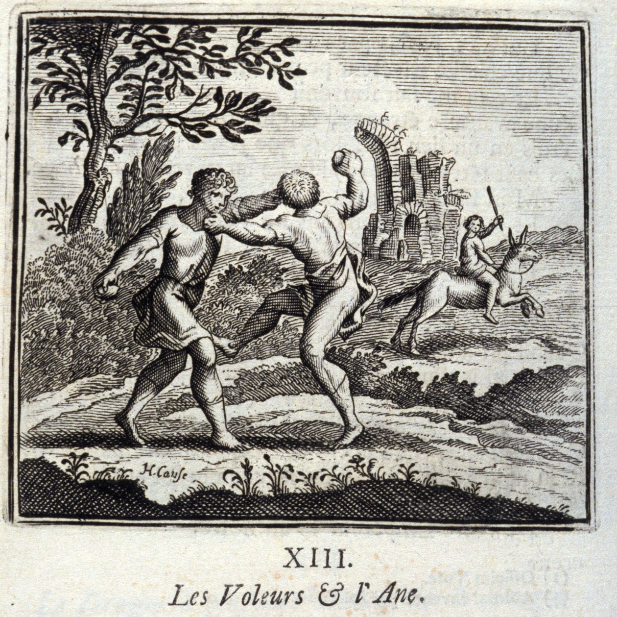 盗贼和阿尼。让-德-拉封丹（1621-95）的寓言。插图由弗朗索瓦-肖沃（1613-1676）绘制。1728年的版本。 作者 弗朗索瓦·夏维