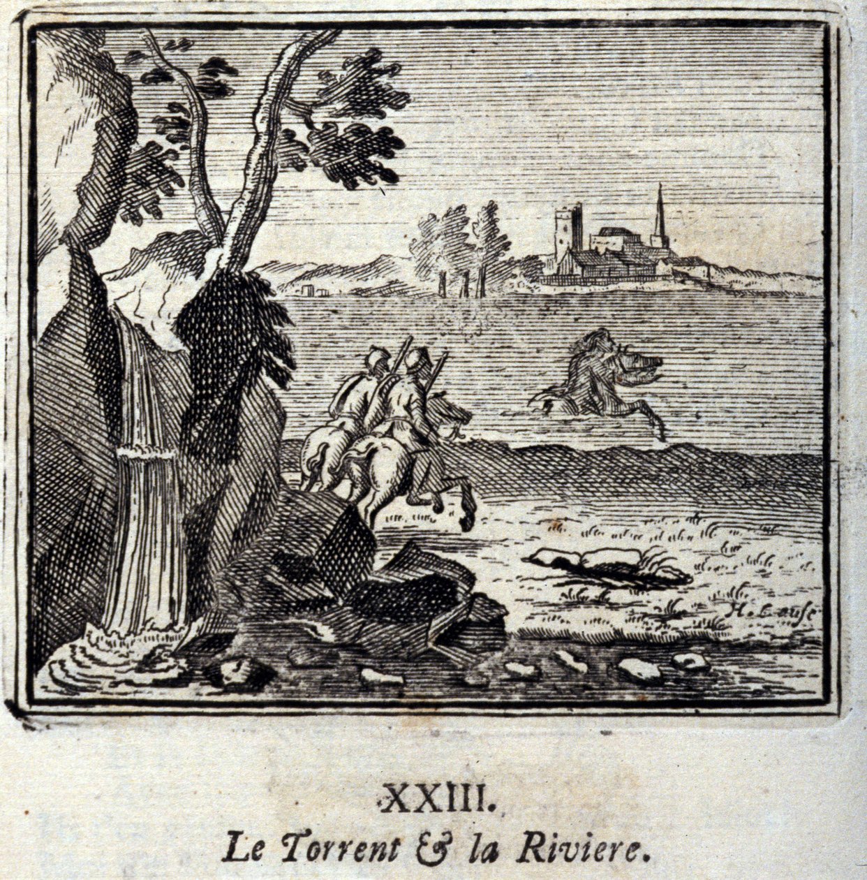 湍流与河流。Jean de La Fontaine (1621-95)的寓言。插图：François Chauveau（1613-1676）。1728年的版本。 作者 弗朗索瓦·夏维