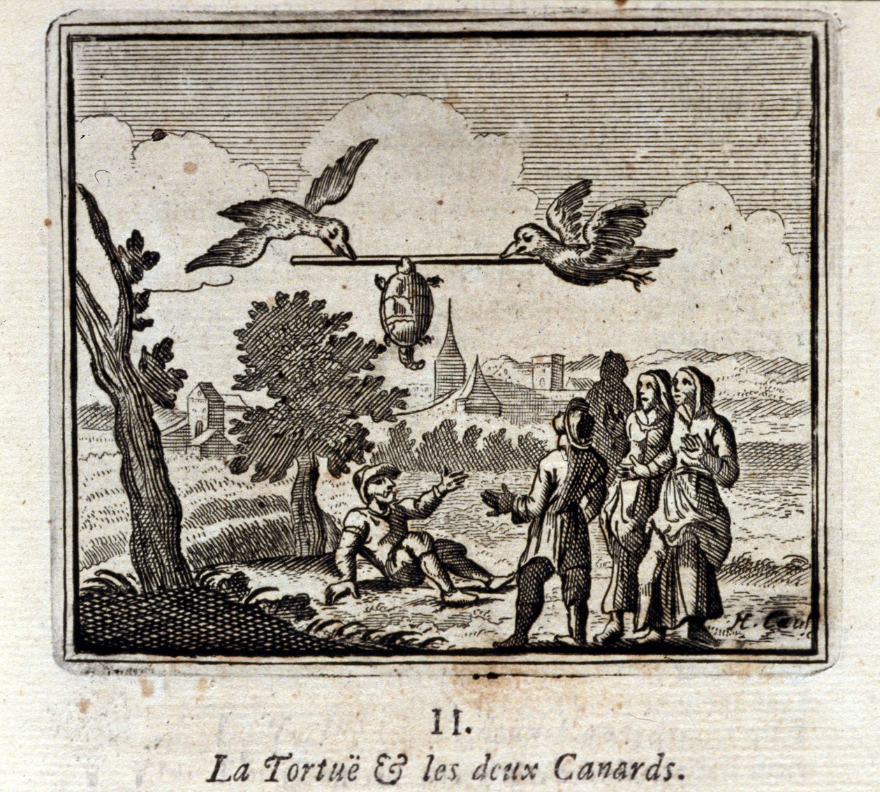 乌龟和两只鸭子》。Jean de La Fontaine (1621-95)的寓言。插图：François Chauveau（1613-1676）。1728年的版本。 作者 弗朗索瓦·夏维