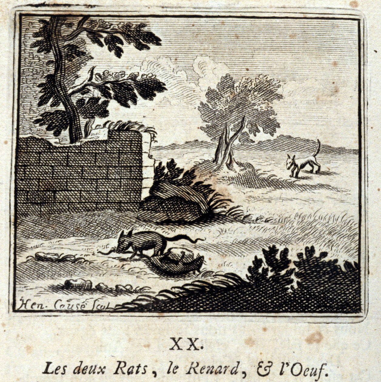 两只老鼠、狐狸和蛋。Jean de La Fontaine (1621-95)的寓言。插图：François Chauveau（1613-1676）。1728年的版本。 作者 弗朗索瓦·夏维