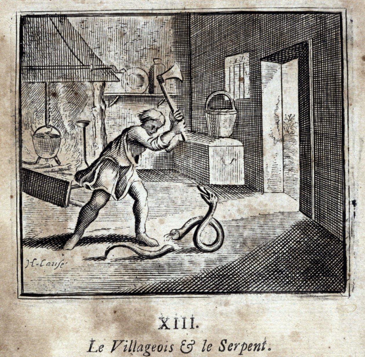 村民和蛇》。Jean de La Fontaine (1621-95)的寓言。插图：François Chauveau（1613-1676）。1728年的版本。 作者 弗朗索瓦·夏维