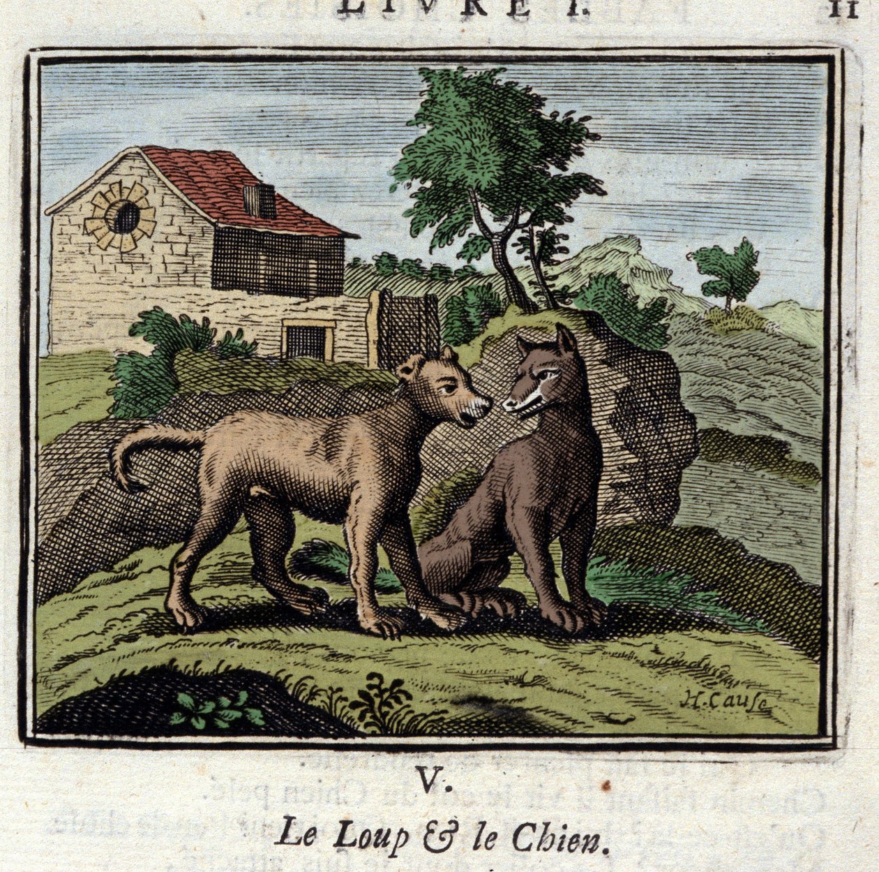狼和狗》。Jean de La Fontaine (1621-1695)的寓言。插图：Francois Chauveau（1613-1676）。1728年的版本。 作者 弗朗索瓦·夏维