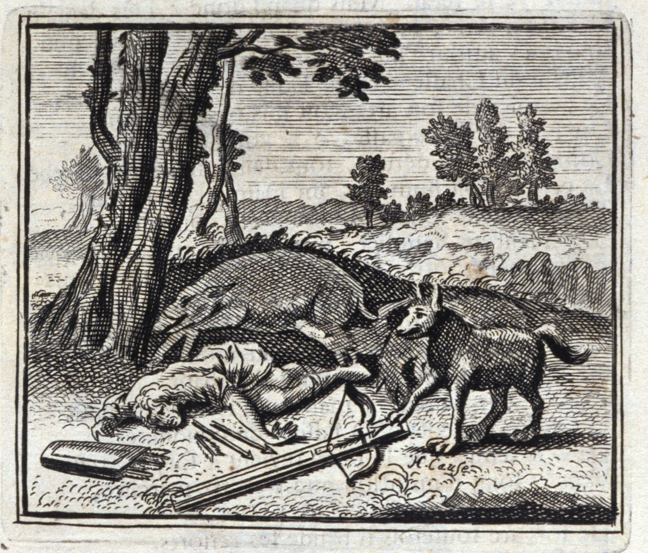 狼与猎人》。Jean de La Fontaine (1621-95)的寓言。插图：弗朗索瓦-肖沃（1613-1676）。1728年的版本。 作者 弗朗索瓦·夏维
