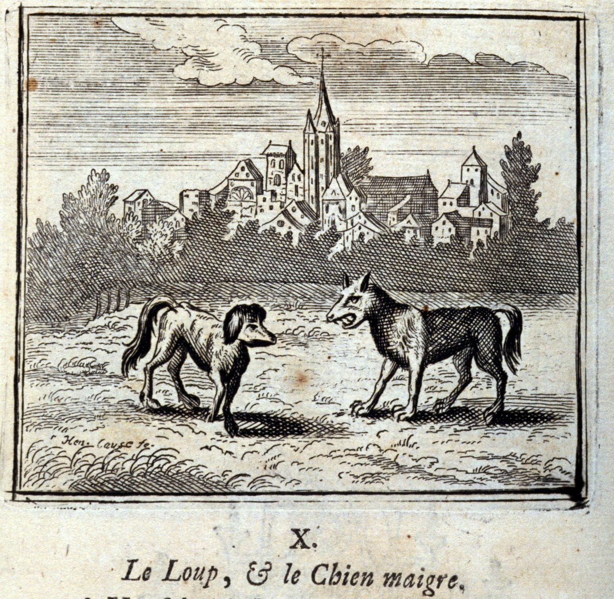 狼和瘦狗》。Jean de La Fontaine (1621-95)的寓言。插图：弗朗索瓦-肖沃（1613-1676）。1728年的版本。 作者 弗朗索瓦·夏维