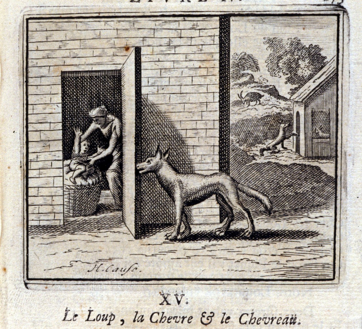狼、羊和山羊。Jean de La Fontaine (1621-95)的寓言。插图：弗朗索瓦-肖沃（1613-1676）。1728年的版本。 作者 弗朗索瓦·夏维