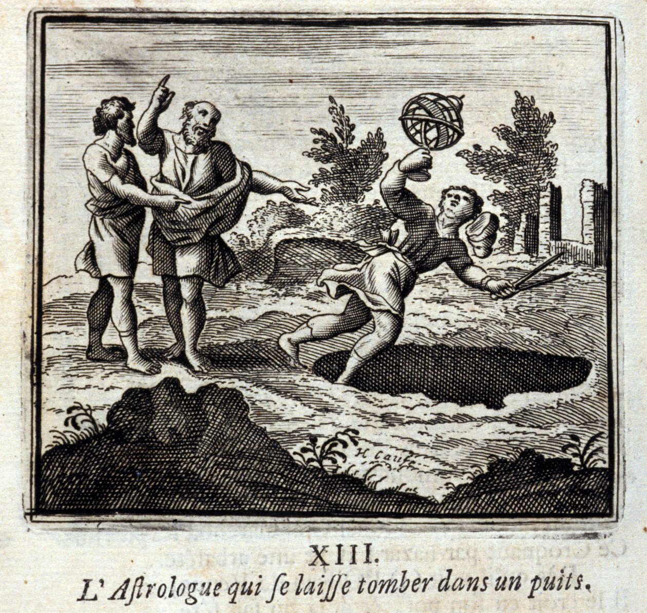 掉进井里的占星师。Jean de La Fontaine (1621-95)的寓言。插图：François Chauveau（1613-1676）。1728年的版本。 作者 弗朗索瓦·夏维