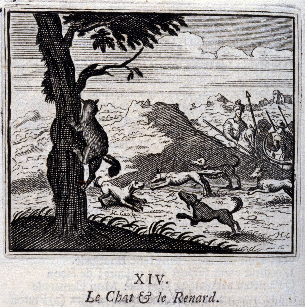 猫和狐狸Jean de La Fontaine (1621-95)的寓言。插图：François Chauveau（1613-1676）。1728年的版本。 作者 弗朗索瓦·夏维