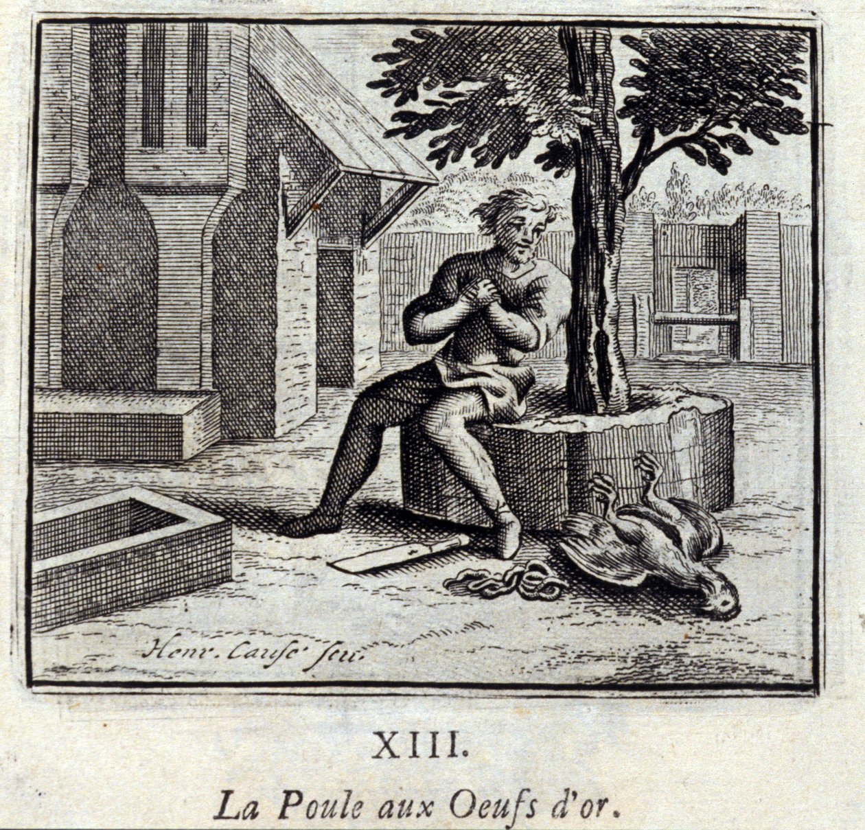 有金蛋的鸡Jean de La Fontaine (1621-95)的寓言。插图：François Chauveau（1613-1676）。1728年的版本。 作者 弗朗索瓦·夏维