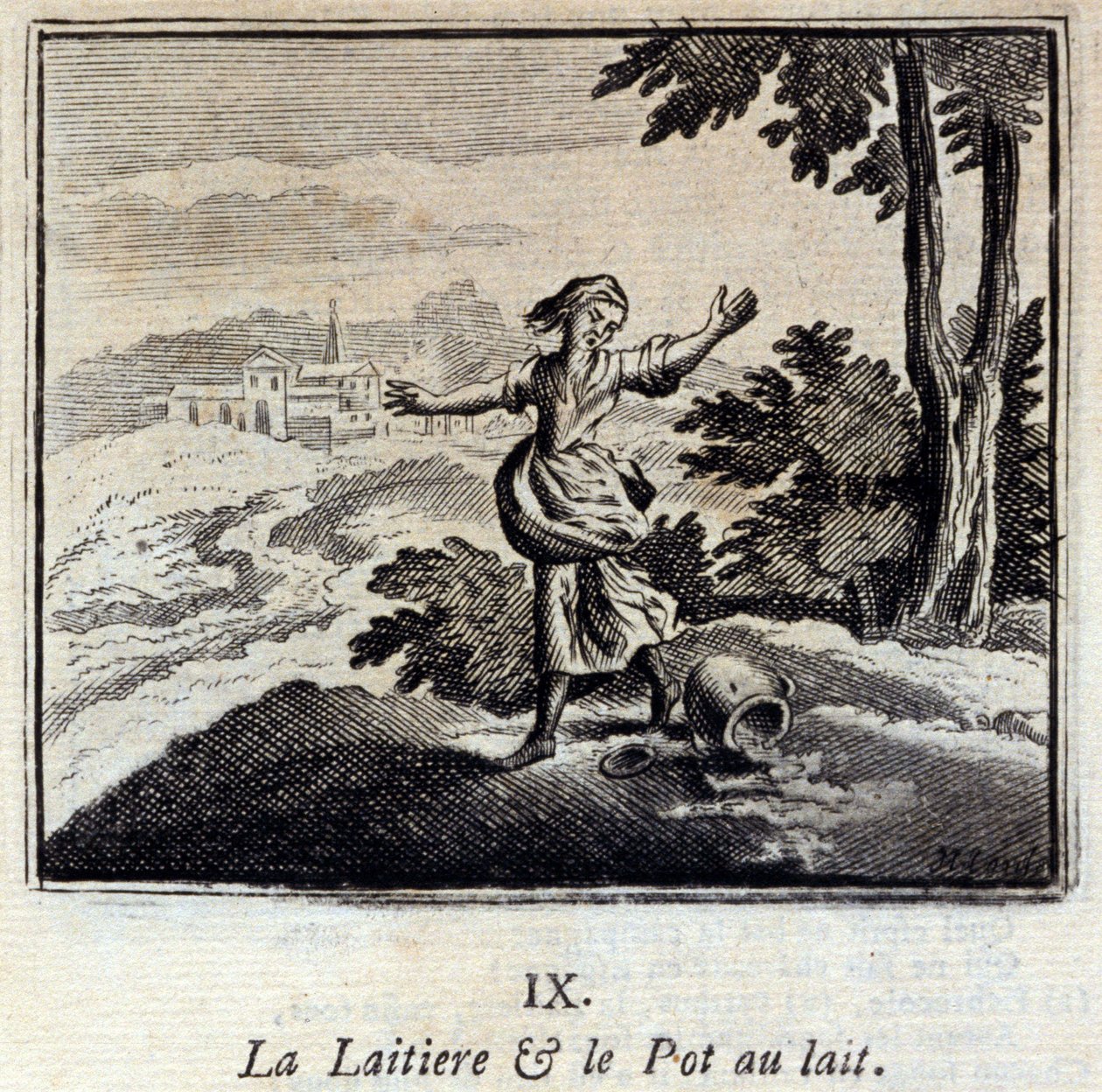 乳房和牛奶罐。Jean de La Fontaine (1621-95)的寓言。插图：François Chauveau（1613-1676）。1728年的版本。 作者 弗朗索瓦·夏维
