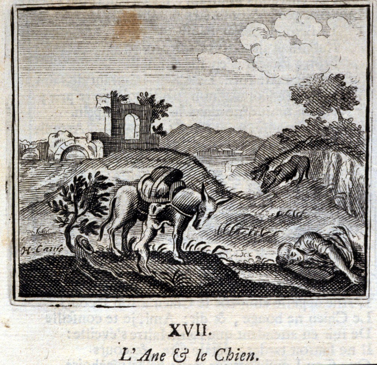 驴子和狗Jean de La Fontaine (1621-95)的寓言。插图：François Chauveau（1613-1676）。1728年的版本。 作者 弗朗索瓦·夏维