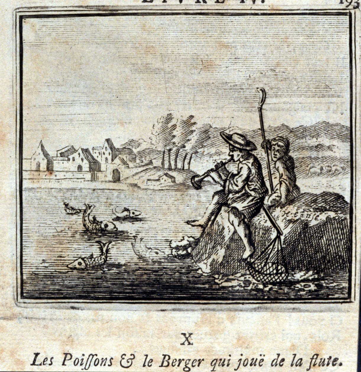 鱼和吹笛子的牧羊人。Jean de La Fontaine (1621-95)的寓言。插图：弗朗索瓦-肖沃（1613-1676）。1728年的版本。 作者 弗朗索瓦·夏维