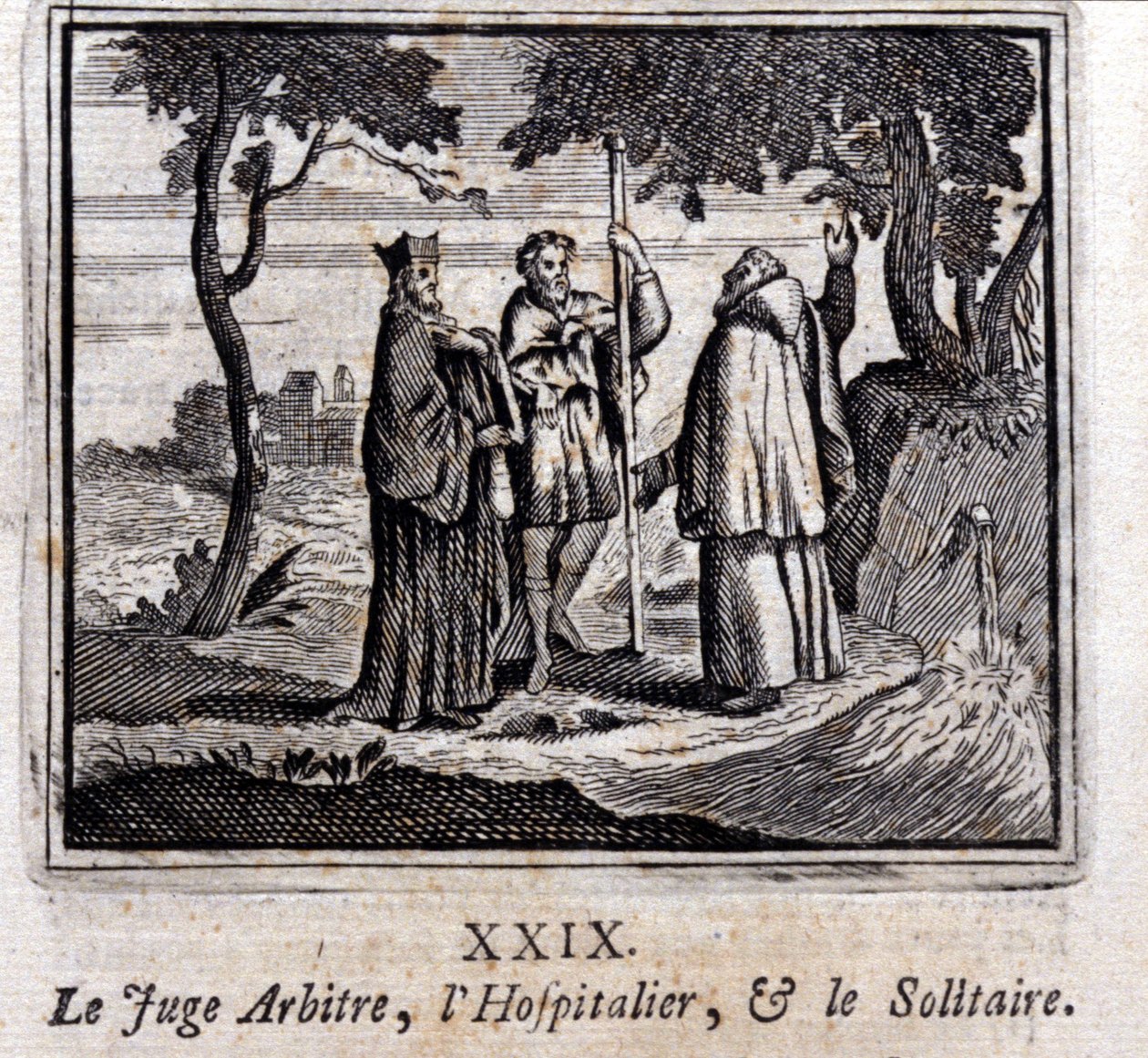 裁判员裁判好望角和独行侠。Jean de La Fontaine (1621-95)的寓言。插图：François Chauveau（1613-1676）。1728年的版本。 作者 弗朗索瓦·夏维