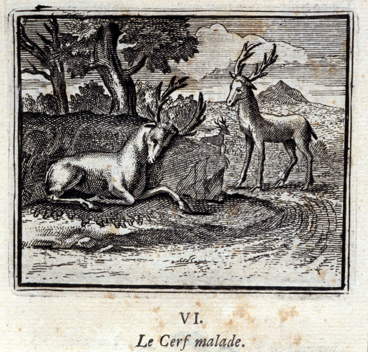 生病的小鹿Jean de La Fontaine (1621-95)的寓言。插图：François Chauveau（1613-1676）。1728年的版本。 作者 弗朗索瓦·夏维