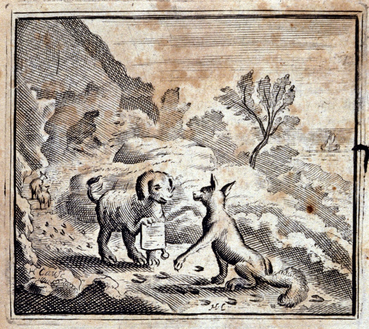 病狮和狐狸。Jean de La Fontaine (1621-95)的寓言。插图：弗朗索瓦-肖沃（1613-1676）。1728年的版本。 作者 弗朗索瓦·夏维