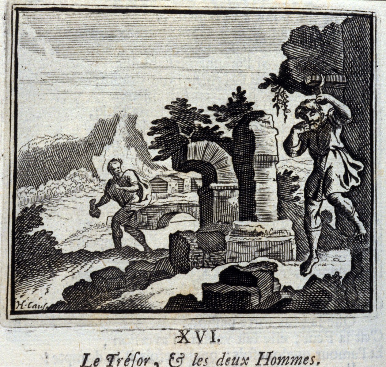 掌柜的和两个人。Jean de La Fontaine (1621-95)的寓言。插图：François Chauveau（1613-1676）。1728年的版本。 作者 弗朗索瓦·夏维