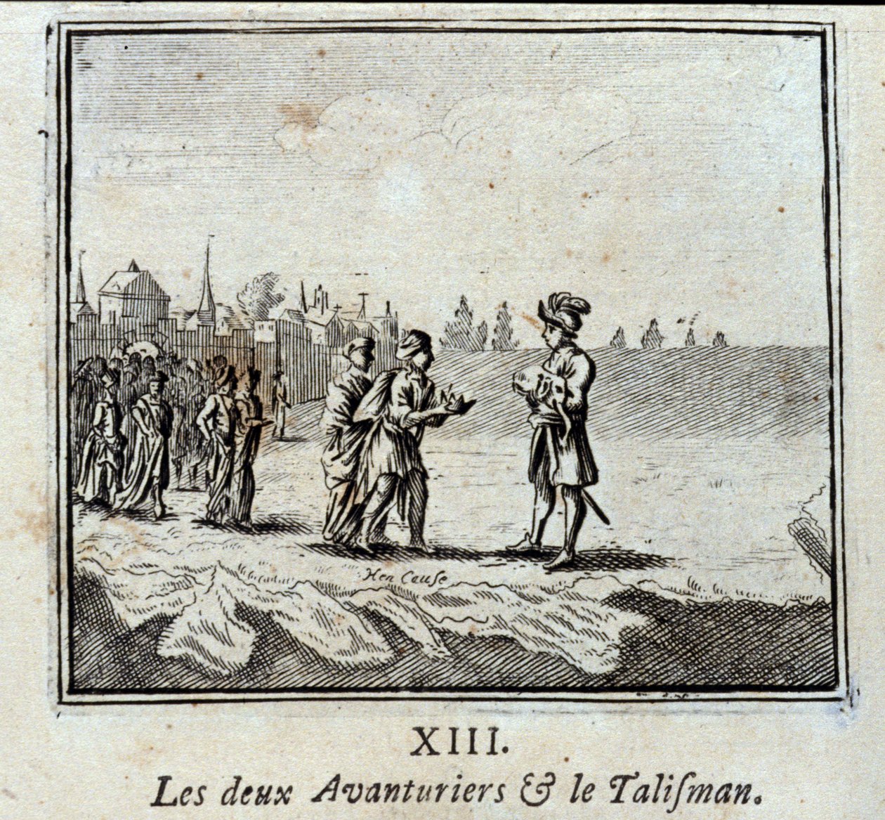 两个冒险家和护身符。Jean de La Fontaine (1621-95)的寓言。插图：François Chauveau（1613-1676）。1728年的版本。 作者 弗朗索瓦·夏维