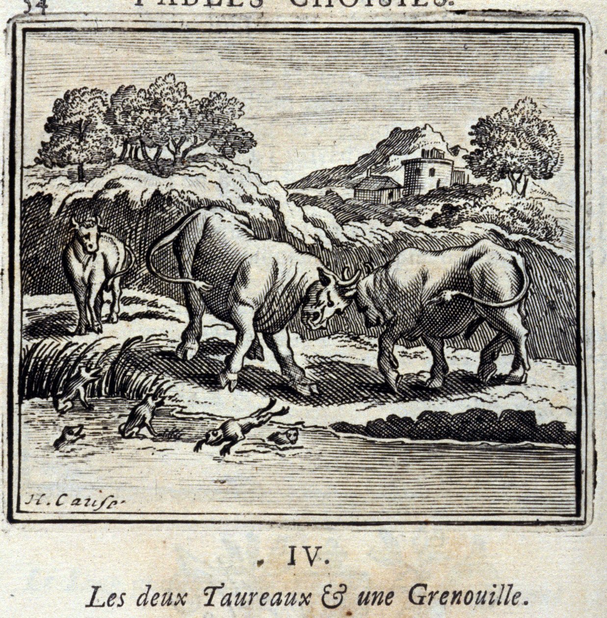 两只公牛和一只青蛙。Jean de La Fontaine (1621-95)的寓言。插图：François Chauveau（1613-1676）。1728年的版本。 作者 弗朗索瓦·夏维