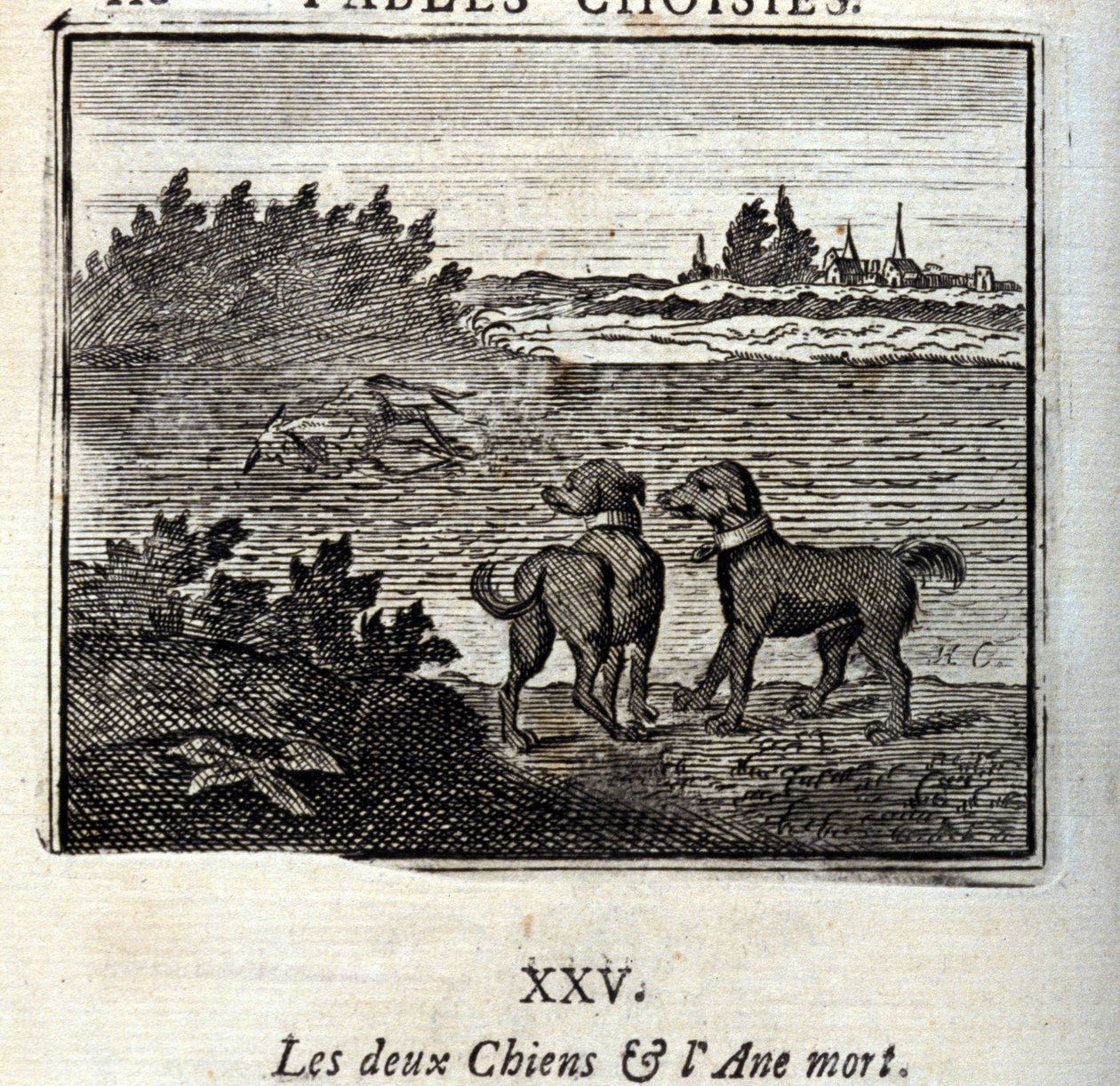 两只狗和一头死驴。Jean de La Fontaine (1621-95)的寓言。插图：François Chauveau（1613-1676）。1728年的版本。 作者 弗朗索瓦·夏维