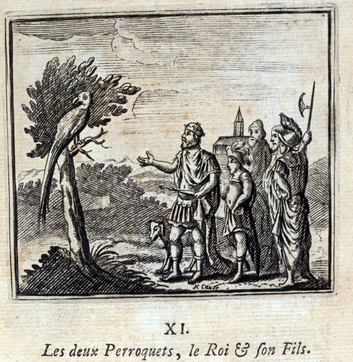 两只鹦鹉，国王和他的儿子。Jean de La Fontaine (1621-95)的寓言。插图：François Chauveau（1613-1676）。1728年的版本。 作者 弗朗索瓦·夏维