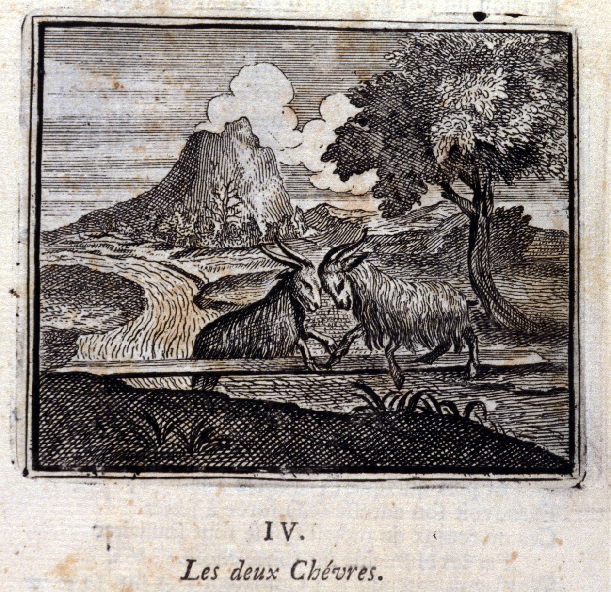 两只山羊Jean de La Fontaine (1621-95)的寓言。插图：François Chauveau（1613-1676）。1728年的版本。 作者 弗朗索瓦·夏维