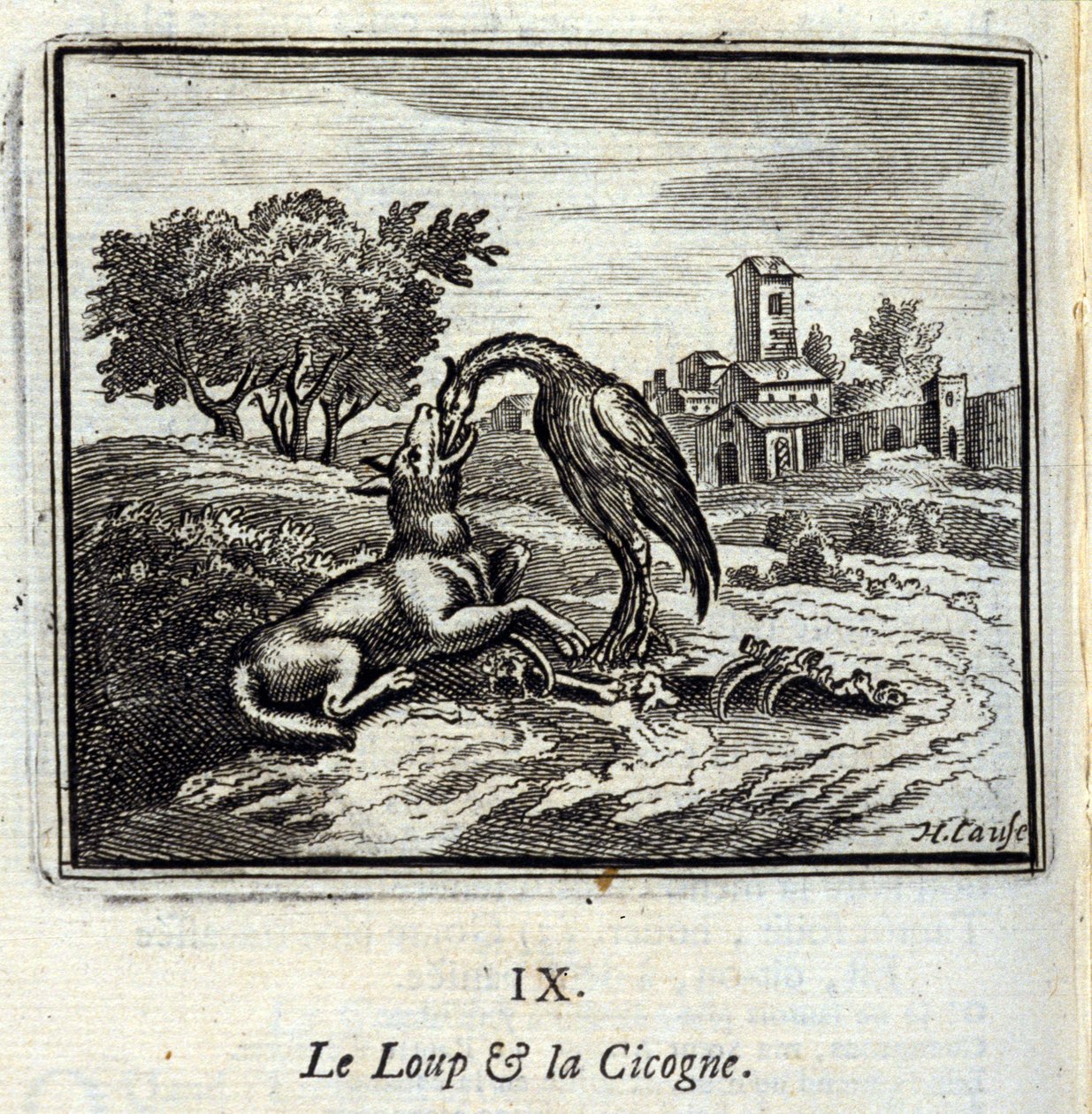 狼和鹳。Jean de La Fontaine (1621-95)的寓言。插图：弗朗索瓦-肖沃（1613-1676）。1728年的版本。 作者 弗朗索瓦·夏维