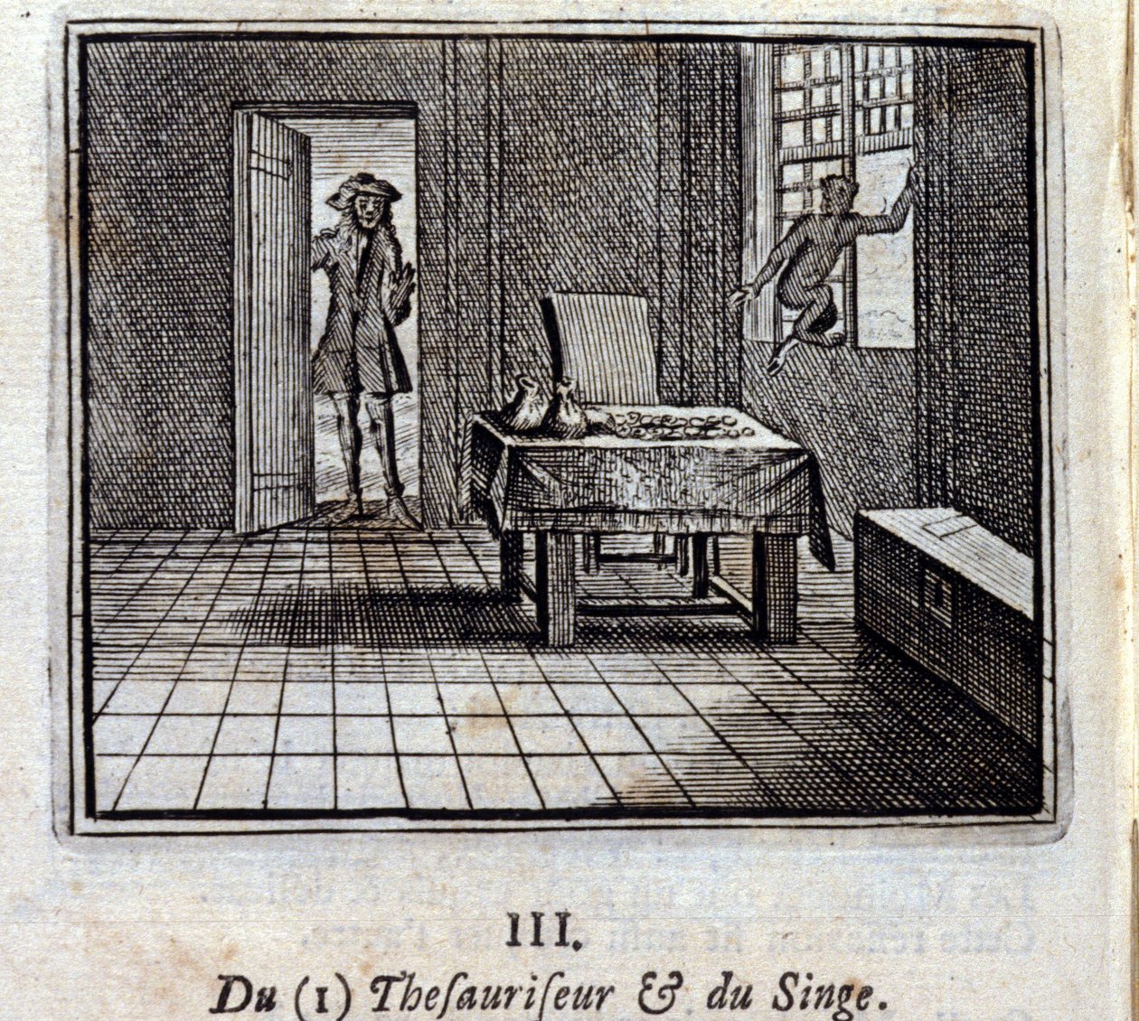 词典和猴子。Jean de La Fontaine (1621-95)的寓言。插图：François Chauveau（1613-1676）。1728年的版本。 作者 弗朗索瓦·夏维
