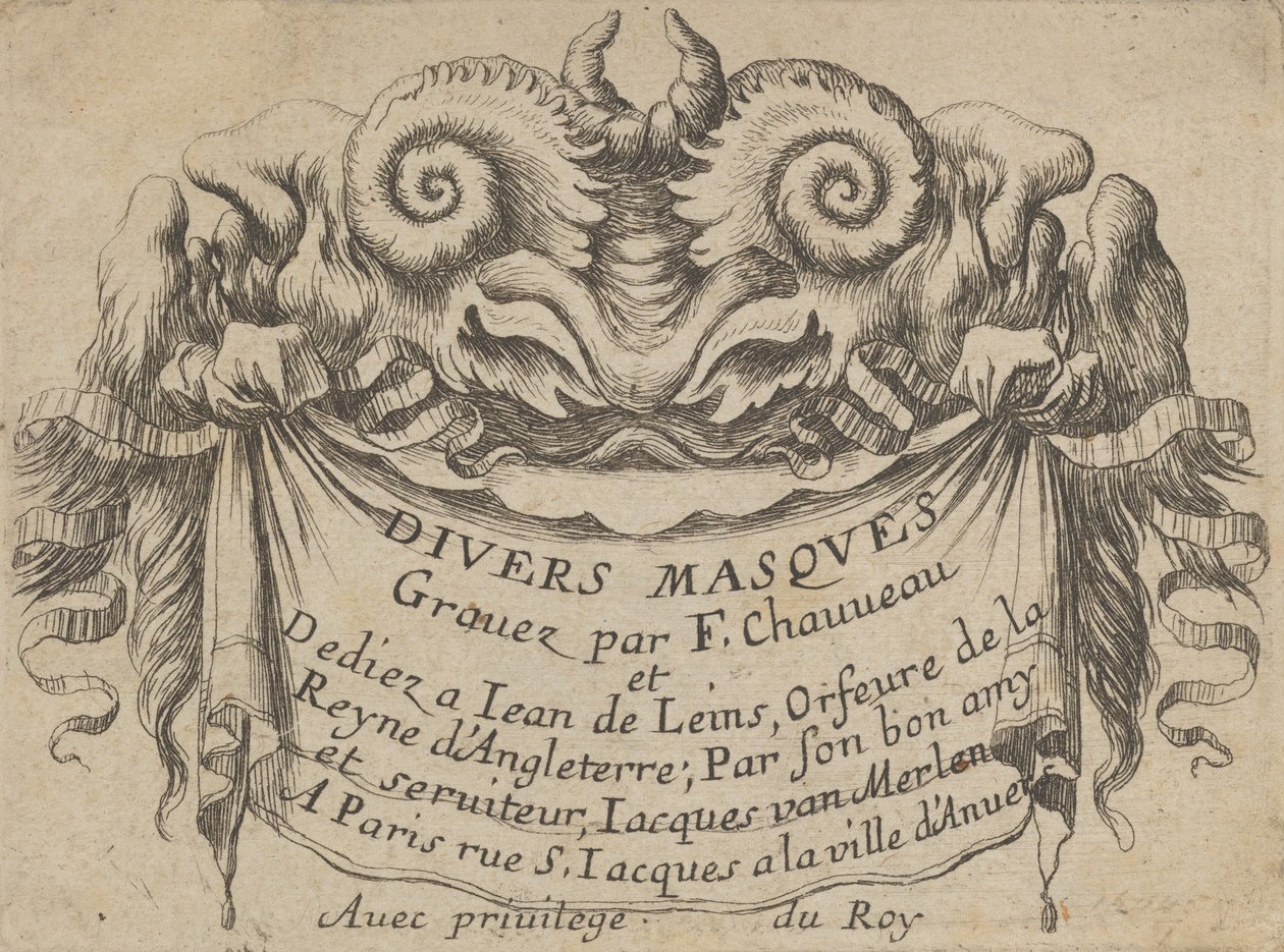 带有两个萨提尔头像的标题板，来自《Divers Masques》，约1635-45。 作者 弗朗索瓦·夏维