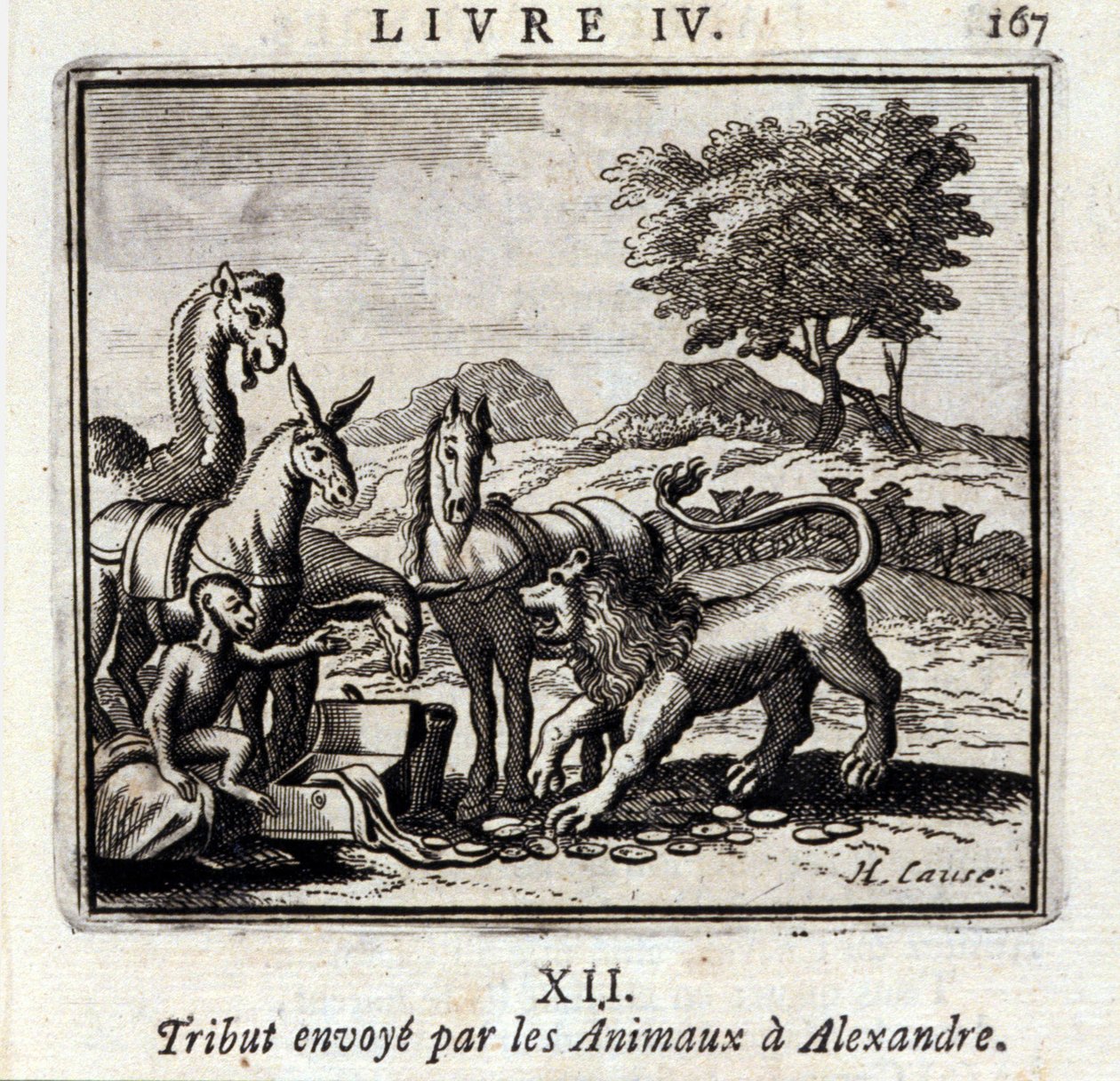 动物们送给亚历山大的贡品。Jean de La Fontaine (1621-95)的寓言。插图：François Chauveau（1613-1676）。1728年的版本。 作者 弗朗索瓦·夏维