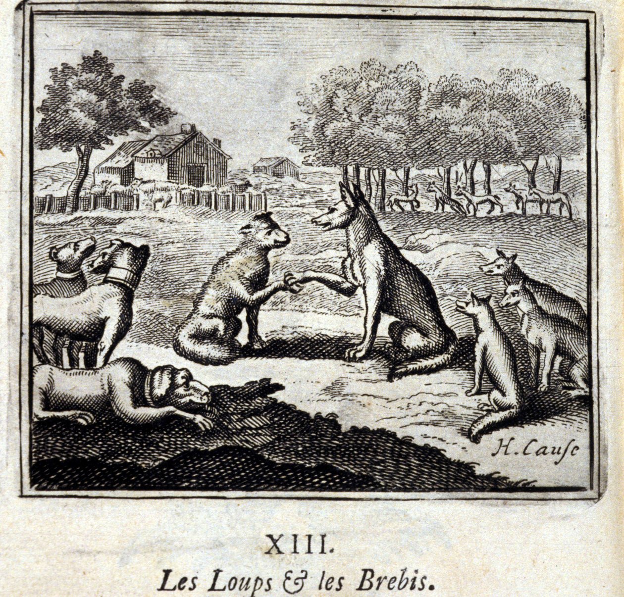 狼和羊。Jean de La Fontaine (1621-95)的寓言。插图：François Chauveau（1613-1676）。1728年的版本。 作者 弗朗索瓦·夏维