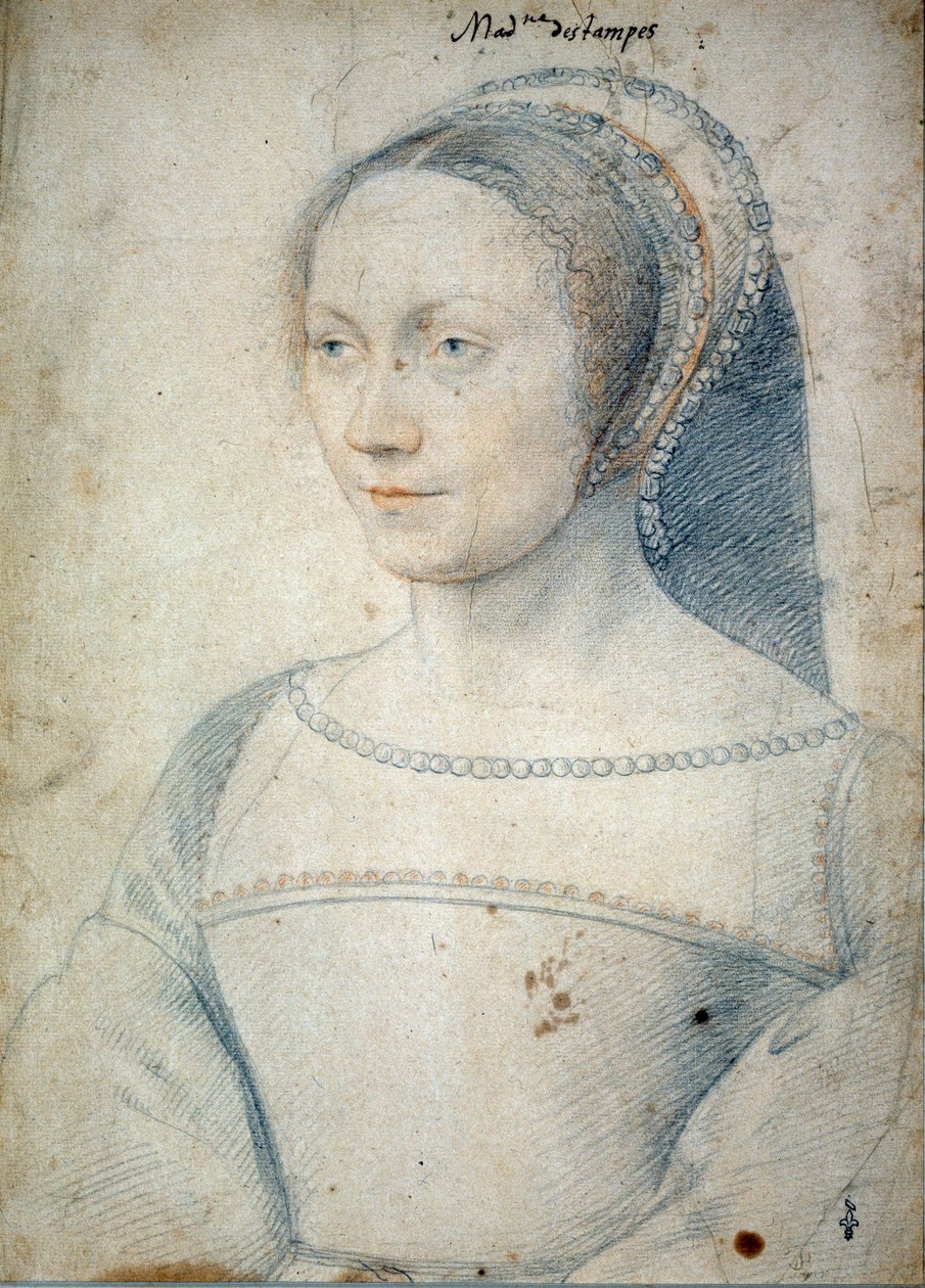 埃坦佩斯公爵夫人让·德·布拉什 (1508 - 1576) 的妻子安妮·德·皮塞勒 (Anne de Pisseleu) 的肖像。 弗朗索瓦·克鲁埃（Francois Clouet，1515-1572 年）用黑色石头和血作画 作者 弗朗索瓦·克鲁埃