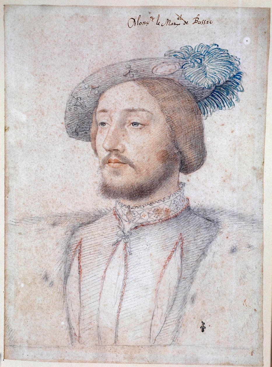法国元帅布里萨克伯爵查尔斯·德·科斯 (Cosse-Brissac) 的肖像 (1506-1563)。 弗朗索瓦·克鲁埃（Francois Clouet，1515-1572 年）用铅笔和血作画。 1537. 尚蒂伊孔德博物馆 作者 弗朗索瓦·克鲁埃