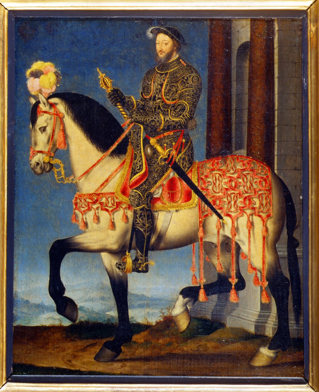 弗朗索瓦·克鲁埃 (François Clouet) 的马背上的弗朗索瓦一世肖像 (c. 1510 - 1572)。 佛罗伦萨乌菲兹博物馆 - 法国弗朗西斯一世的马术肖像（面板上的油） 作者 弗朗索瓦·克鲁埃