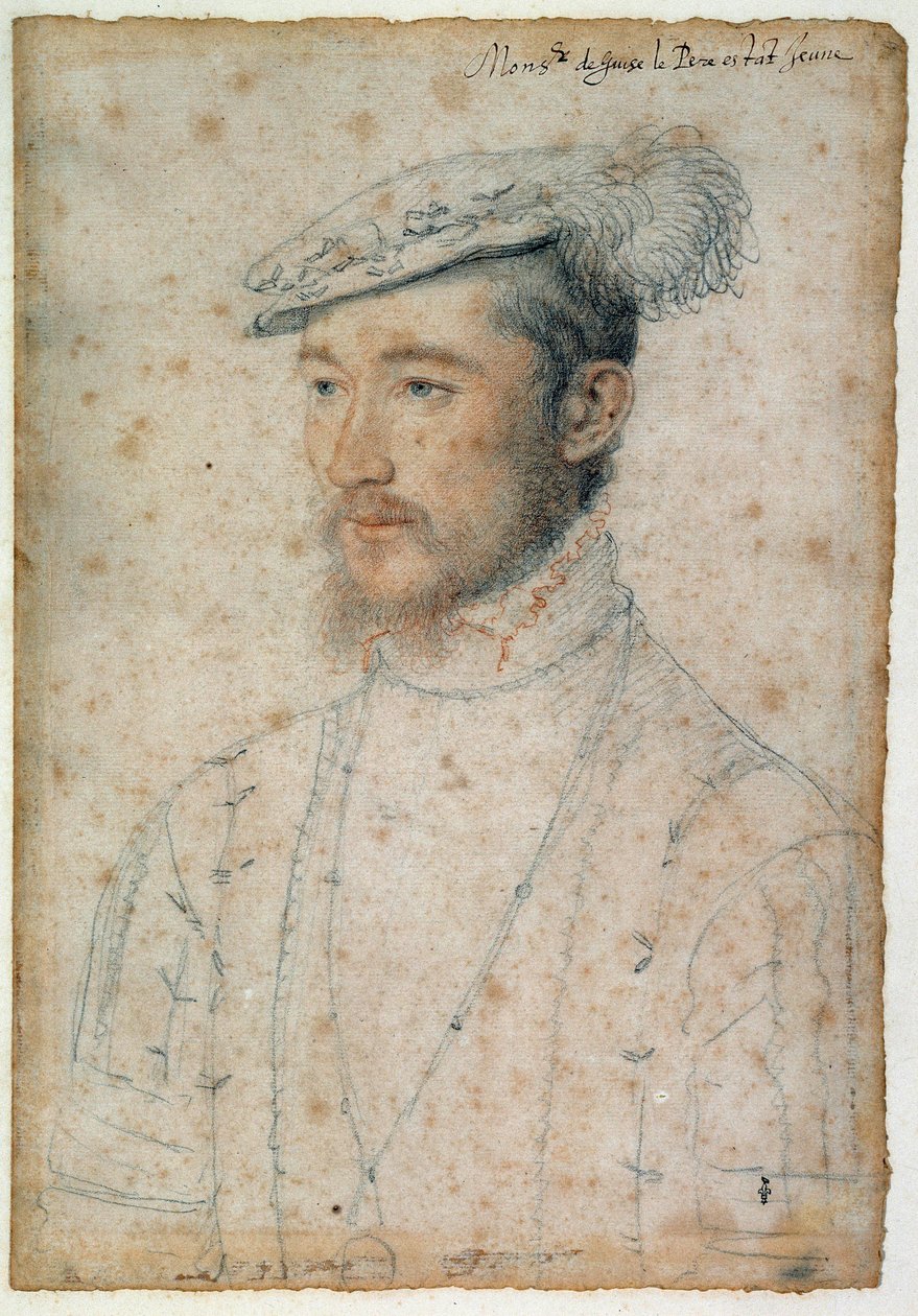 吉斯公爵弗朗索瓦·德·洛林 (1520 - 1563) 的肖像。 克鲁埃·弗朗索瓦（Clouet Francois，1515-1572 年）绘制的血黑色石头 作者 弗朗索瓦·克鲁埃