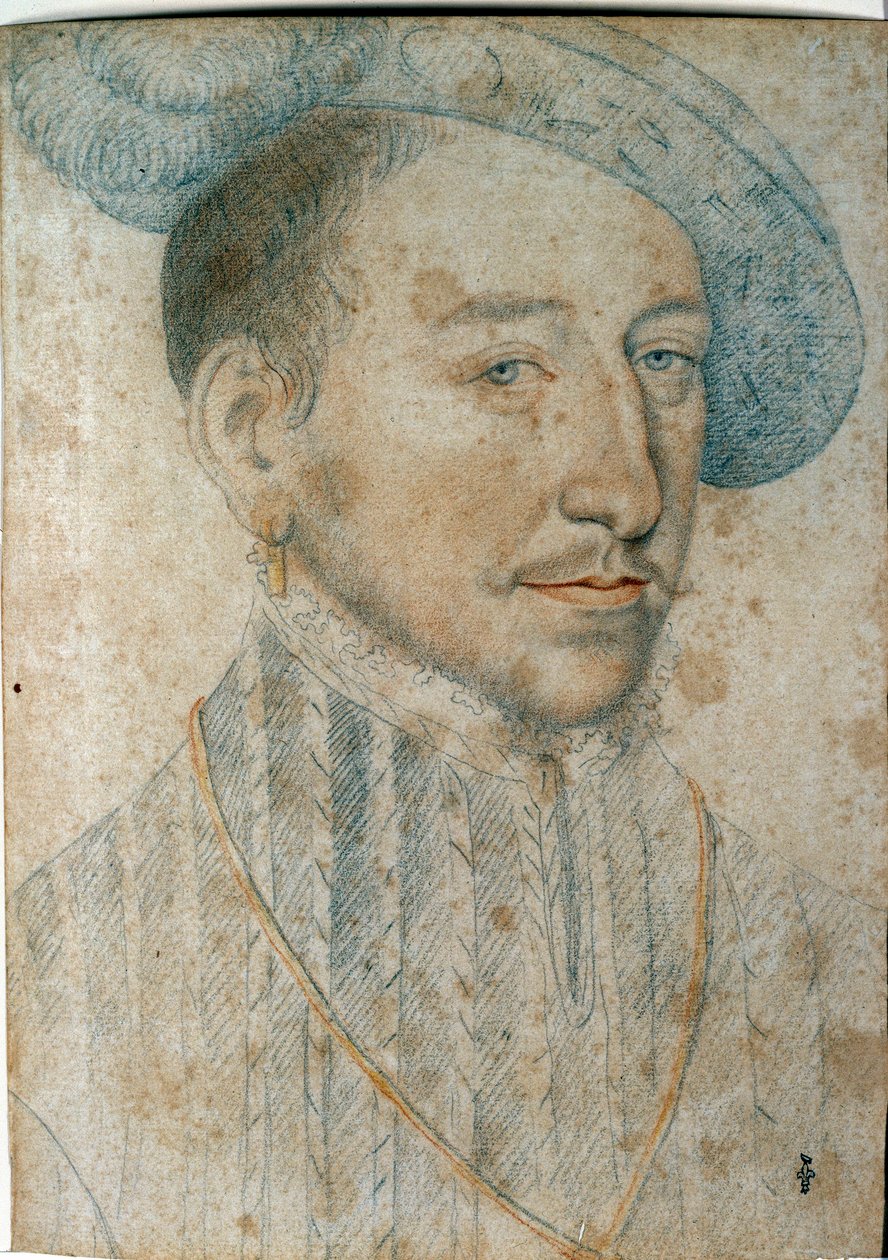 法国国王亨利二世 (1519 - 1559) 的肖像。 弗朗索瓦·克鲁埃（Francois Clouet，1515-1572 年）用黑色石头和血作画 作者 弗朗索瓦·克鲁埃