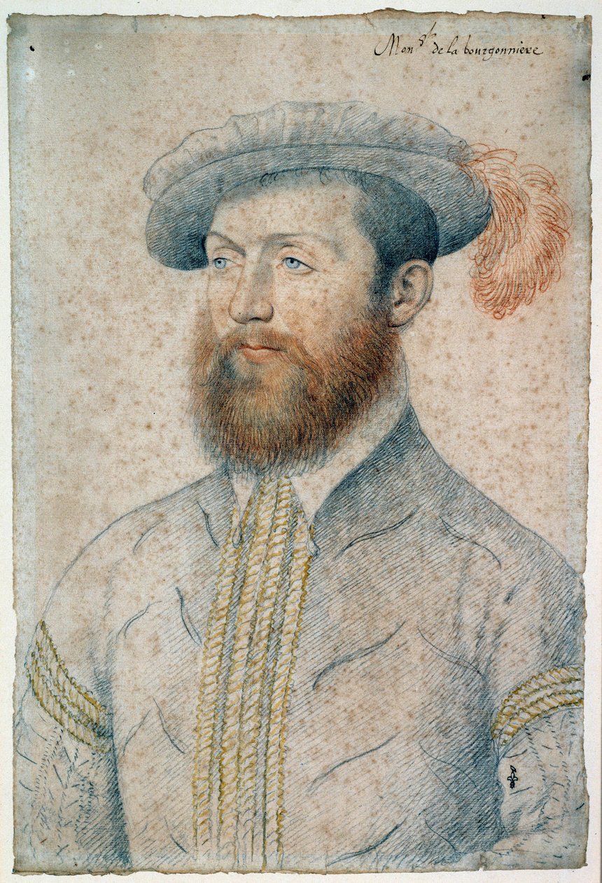 让·杜·普莱西斯 (Jean Du Plessis) 的肖像，勃艮第领主 (1525 - 1594)。 弗朗索瓦·克鲁埃（Francois Clouet，1515-1572 年）绘制的血黑色石头 作者 弗朗索瓦·克鲁埃