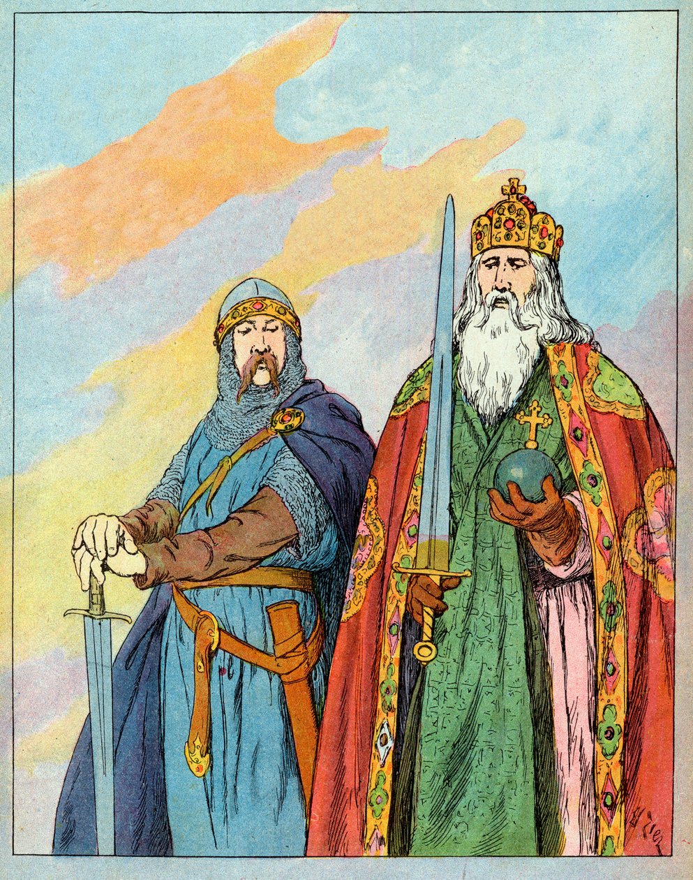 法兰克国王查理大帝和法国骑士Roland de Roncevaux--查理曼和Le Chevalier Roland（736-778）--Francois Zier（1856-1924）的插图，取自1920年左右的《Nos-Gires-Nationales》。 作者 弗朗索瓦·爱德华·齐尔