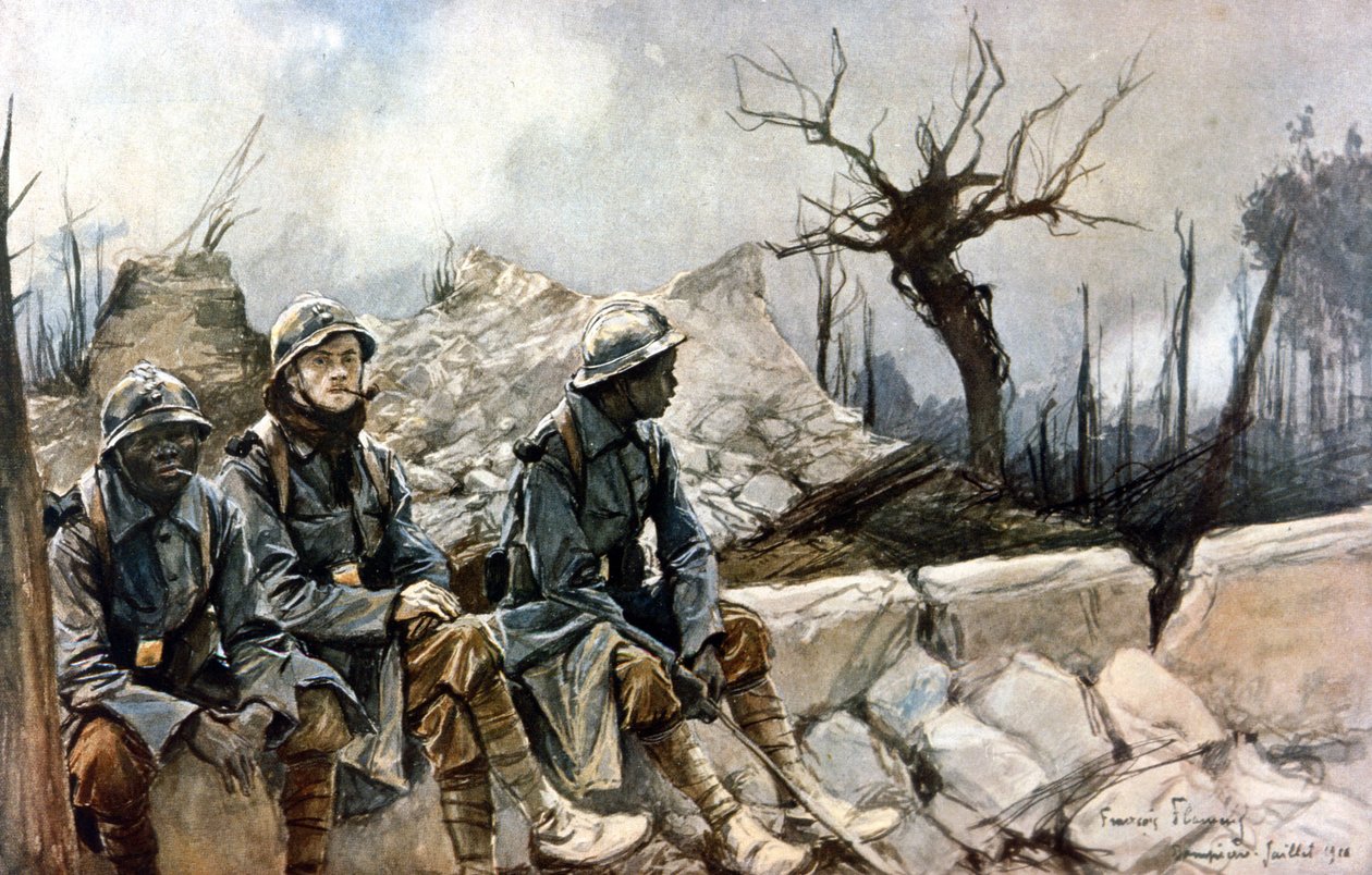 3 名法国士兵坐在丹皮埃尔教堂的废墟前。 战争 1914 - 1918 年。 弗朗索瓦·弗拉芒 (Francois Flameng) 的绘画 (1856-1923)。 巴黎，军事博物馆 作者 弗朗索瓦·弗拉蒙