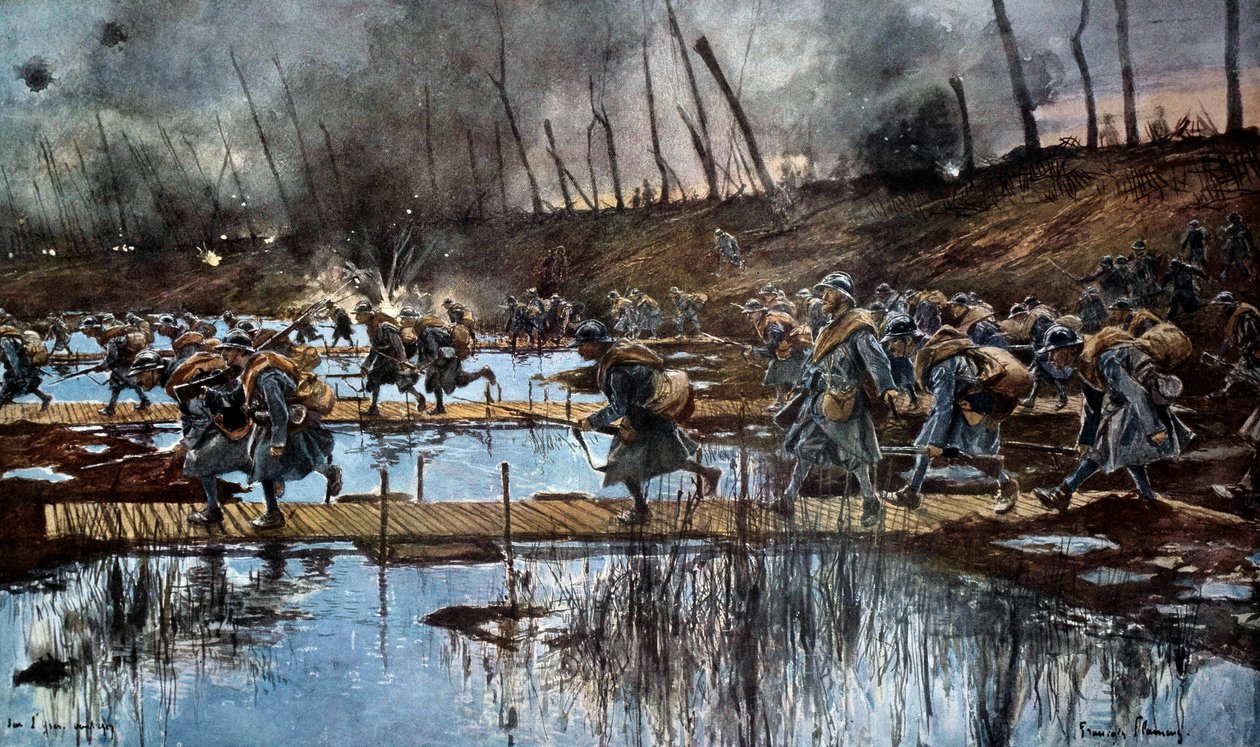 第一次世界大战（1914-1918 年）：“1917 年佛兰德斯攻势期间使用者的经过”弗朗索瓦·弗拉芒 (1856-1923) 水彩画，1917 年，30 x 50 厘米。 巴黎，军事博物馆 作者 弗朗索瓦·弗拉蒙