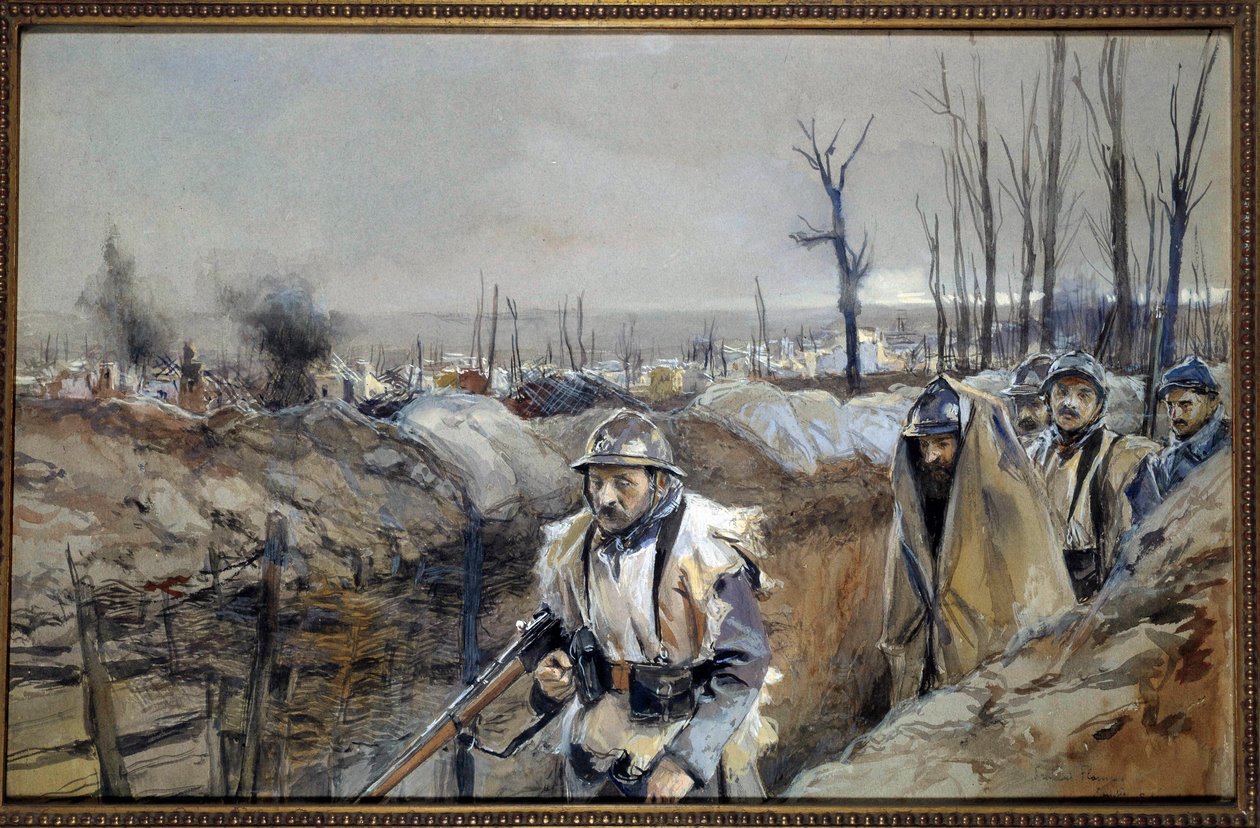 First World War: “” View of Souchez (in Artois), a trench on 18/12/1915”” Watercolour painting by Francois Flameng (1856-1923) December 1915 Sun. 0,3x0,48 m Paris, musee de l