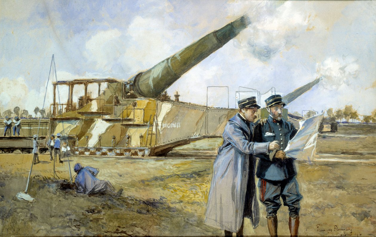 第一次世界大战：1916 年 10 月的 400 电池组（ALVF 或 ALGP（大型重炮）的伟大战争指挥官观察作战计划。弗朗索瓦·弗拉芒 (1856-1923) 绘画 作者 弗朗索瓦·弗拉蒙